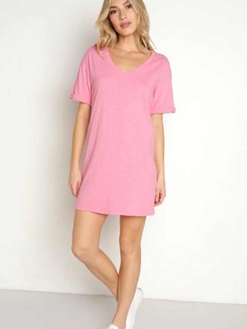 Relaxed V-Neck Short Sleeve Tee Dress - Pink